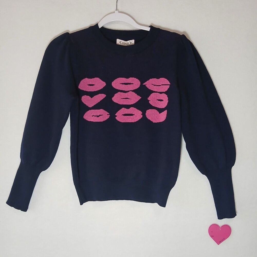 NEW $78 Nanette Lepore Sweater Lips Hearts Graphic Knit Women's Size XS #1182